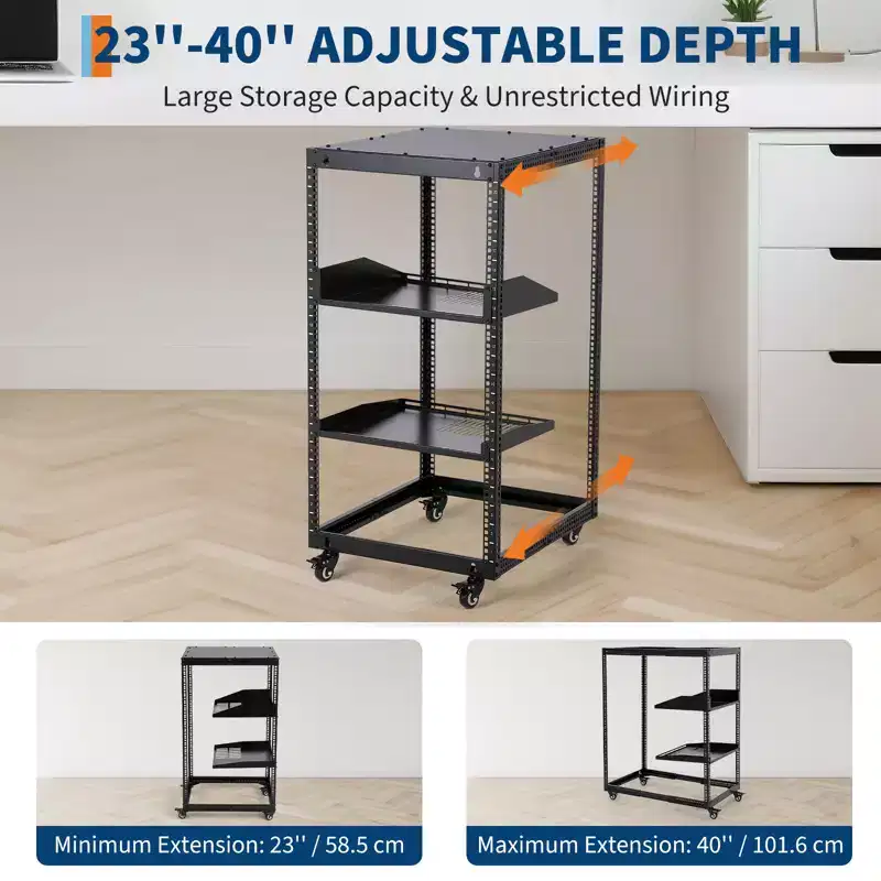 Heavy Duty Carbon Steel Open Frame Network Rack 20U  Adjustable Height 22-40in, 2 Trays, 4 Lockable Casters  Floor/Wall Mount for IT, AV Equipment