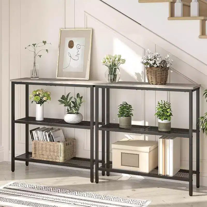 ACOINEL 29.5 Narrow Console Table, 3-Tier Entryway/Sofa Side Table with Storage Shelves, Greige & Black Thin Display Table
