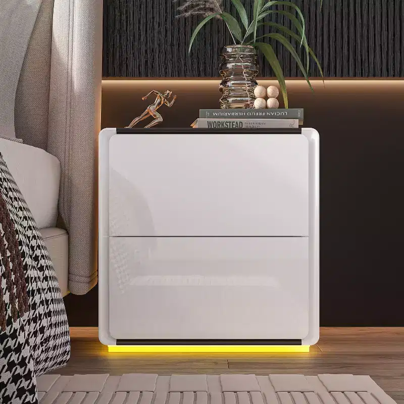 Modern Nightstand With LED Light 2-Drawers Bedside Table