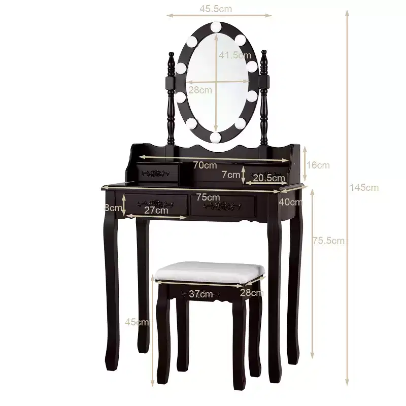 Costway Vanity Table Table 10 Dimmable Bulbs Black White Brown
