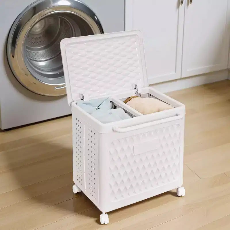 Laundry Hamper with Wheels & Lid, Plastic Laundry Basket with Handle, Rolling Laundry Bin for Laundry Room or Bathroom, White