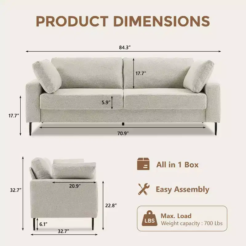 72 Loveseat Sofa, Mid-Century Modern Flared Arm Couch, Deep Seat Upholstered 2-Seater for Living Room, Apartment, Small Spaces, Off White