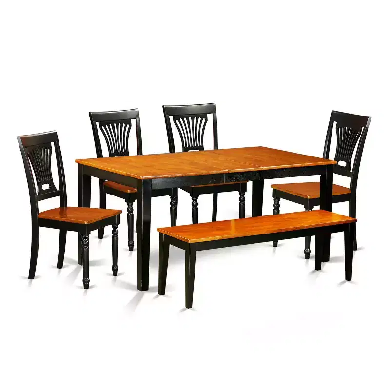 HomeStock 6-Piece Rectangle Black and Cherry Finish Solid Wood Top Dining Table with 1-Bench and 4-Chairs