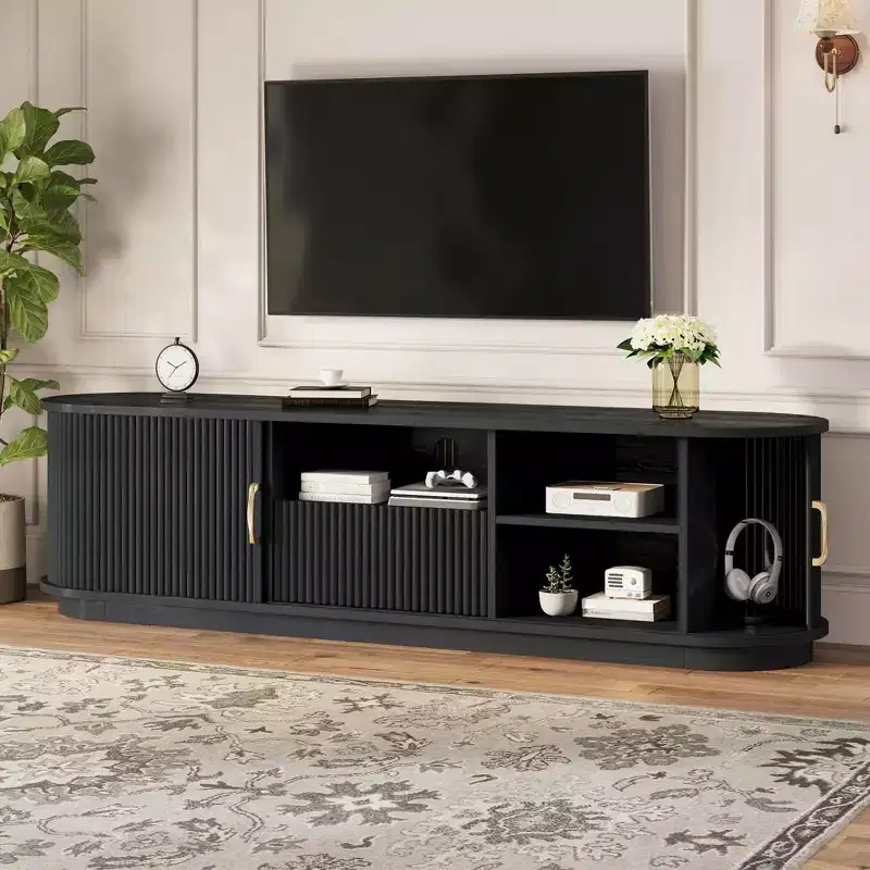 Vintage Rustic TV Stand with Sliding Wood Slatted Doors, 75 Farmhouse Fluted Media Console with Drawer (Black Wood Grain)