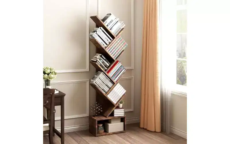 Tall Wooden Corner Tree Bookshelf with Storage for Living Room