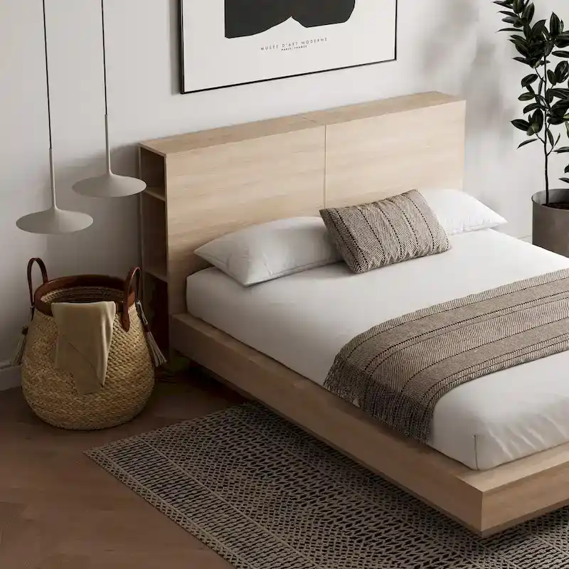 Oak Platform Bed with Storage Headboard – 6 Shelves, No Box Spring Needed