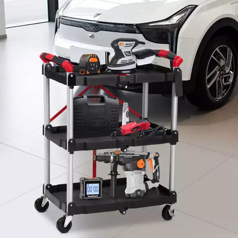 Collapsible 3-Tier Utility Cart with Lockable 360 Swivel Wheels, Heavy Duty 165 lbs Capacity, for Office, Garage, Workshop, Kitchen, Warehouse