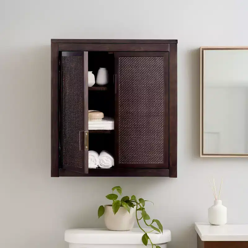 Modern Boho 2-Door Wall Cabinet with Solid Wood & Natural Rattan Accents