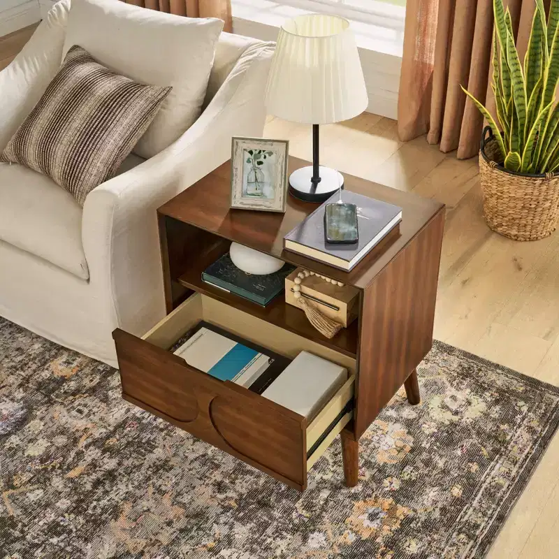 Brown Fluted Side Table with Drawer & Open Shelf, 1-Person Use