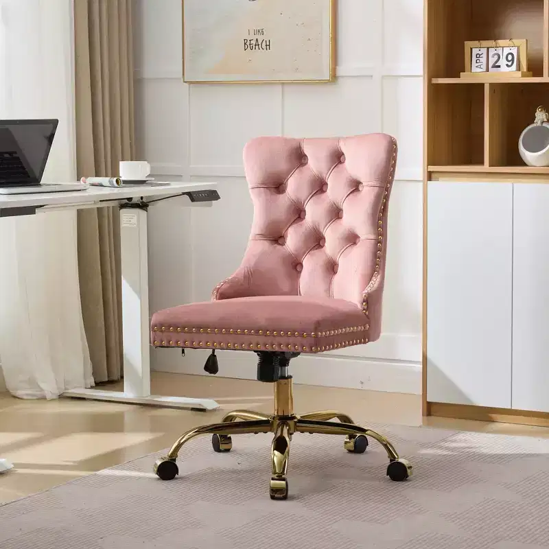 Modern Swivel Home Office Chair with Tufted Back,Plush Velvet Computer Chair with Chrome Metal Base,19.7-22.4Adjustable Height