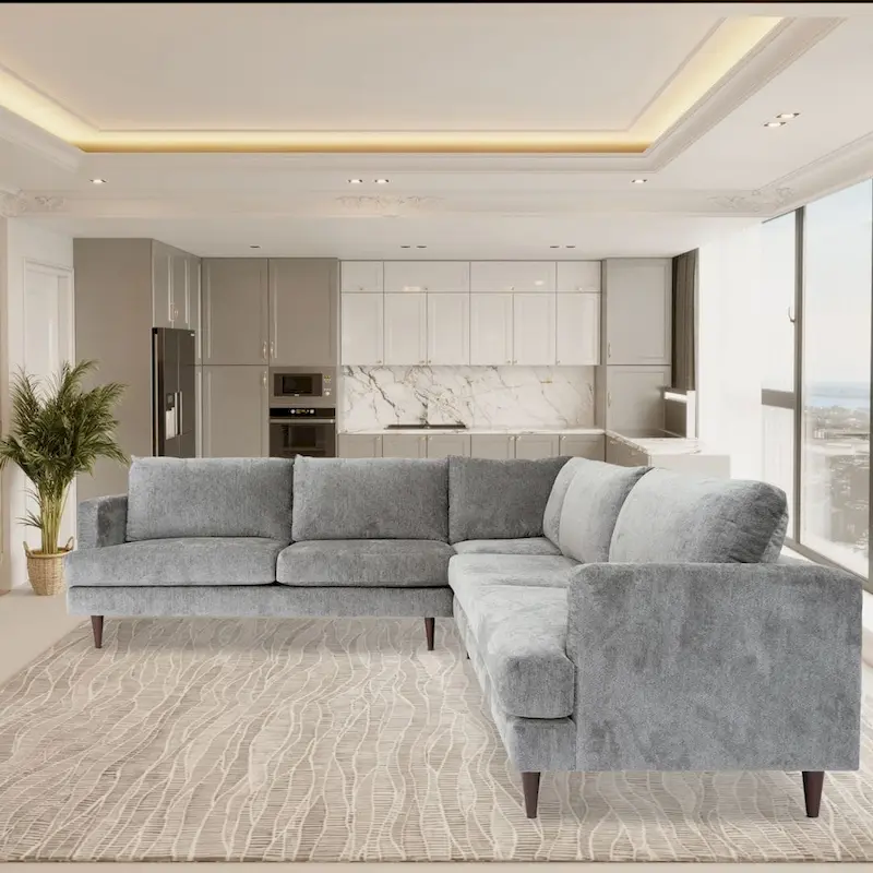Contemporary L-Shaped Sectional Sofa – Velvet Upholstered Solid Wood Frame
