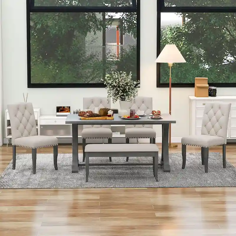 6-Piece Farmhouse Dining Table Set, Rectangular Trestle Table and 4 Upholstered Chairs & Bench