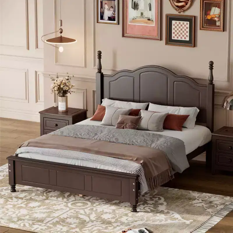 Retro Platform Bed Frame Wood Platform Bed with Headboard for Bedroom