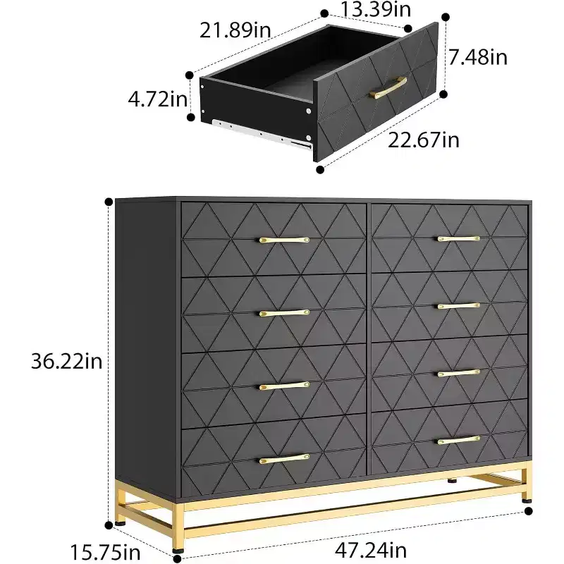 Black MDF+PB+Iron Chest of Drawers, 8-Large Drawers, Triangle Pattern Panel, Dustproof & Wear-Resistant, Suitable for Multiple Scenarios