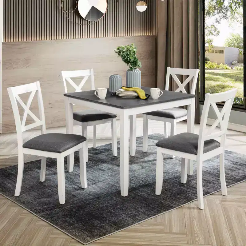 MAYEERTY 5-Piece Modern Dining Set, Wood Table with 4 Chairs, Grey & White Two Tone