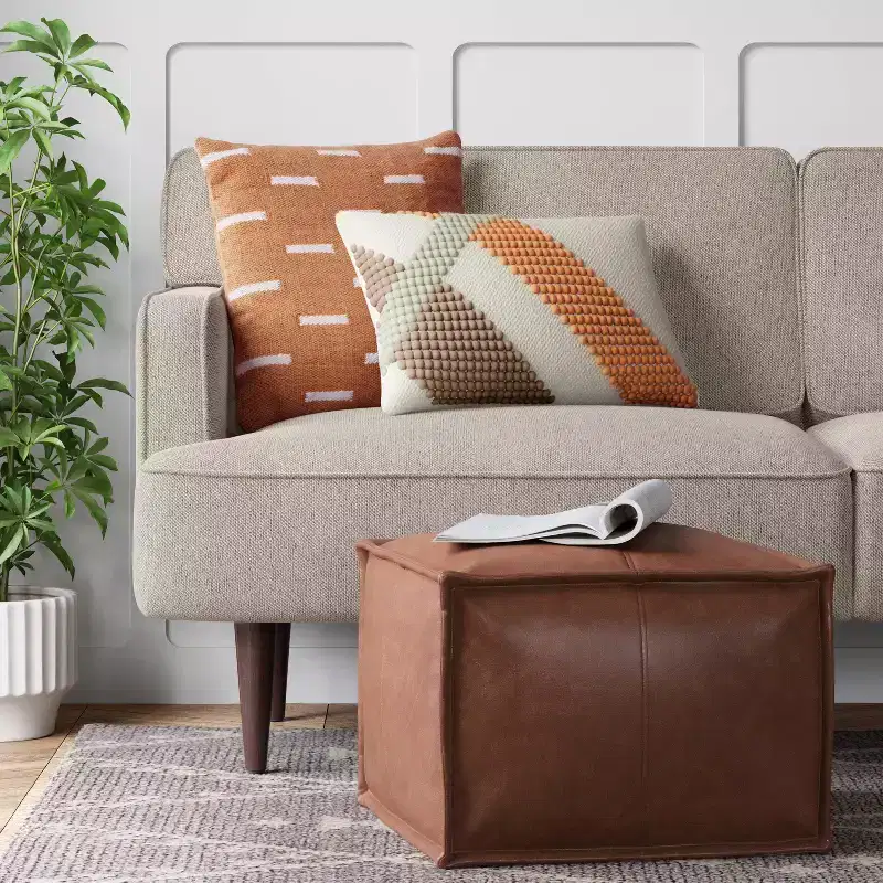 Faux Leather French Seam Square Ottoman, Caramel, Modern Footstool