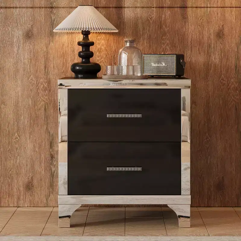 Modern High Gloss Nightstand with 2 Drawers, Elegant Bedside Table with Metal Legs and Handles - Panipeachy