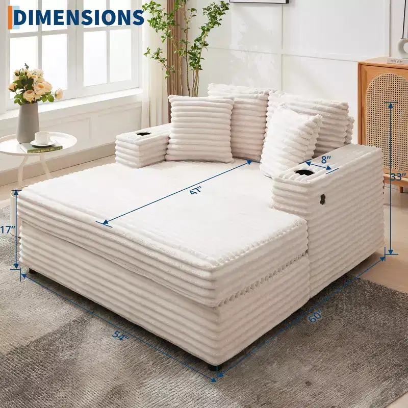 GustoWave 54 Corduroy Chaise Lounge Chair, Oversized Sleeper Sofa with Cup Holders & Pillows, Green Living Room Furniture