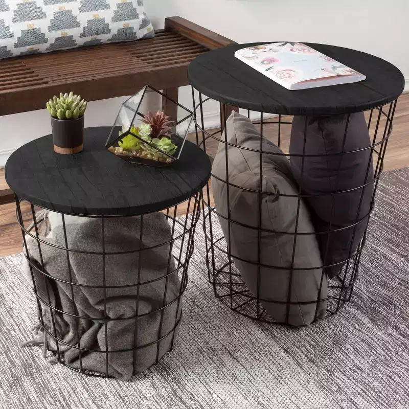 Set of 2 Nesting Tables with Storage - End Tables with Removable Wood Tops and Metal Basket Frame