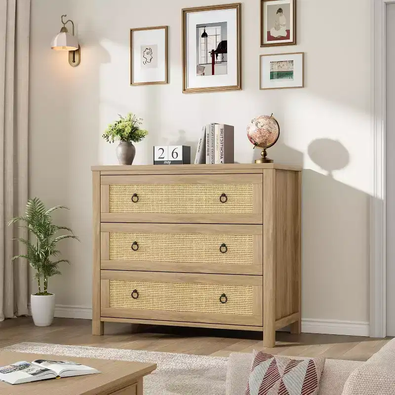 29 Rattan 3 Dresser for Bedroom, Wooden Closet Dressers Chest of Drawers, Boho Tall Drawer Dresser, for Bedroom, Living Room