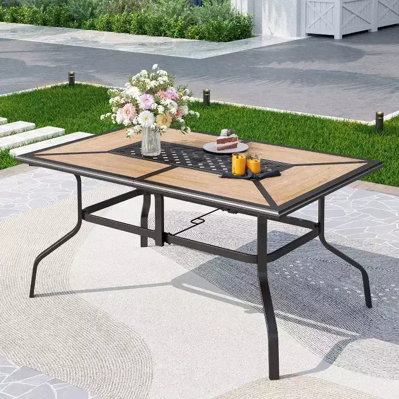 7pc Patio Dining Set with Faux Wood/Steel Table with Umbrella Hole & Metal Padded Arm Chairs - Captiva Designs