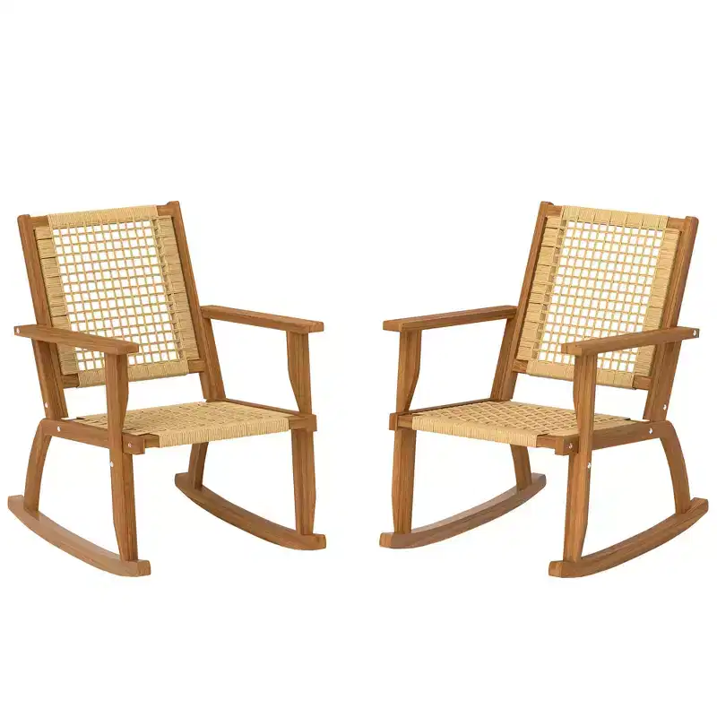 Outdoor Lawn Rocking Chair Set of 2, Acacia Wood Patio Rocking Chairs with Wicker Back and Seat for Garden