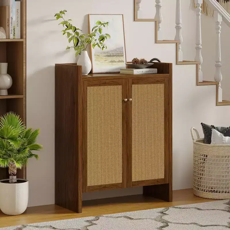 42.5 Tall Rattan Shoe Cabinet with Doors, 6-Tier Shoe Storage Organizer with Adjustable Shelves, Freestanding for Entryway, Hallway, Walnut