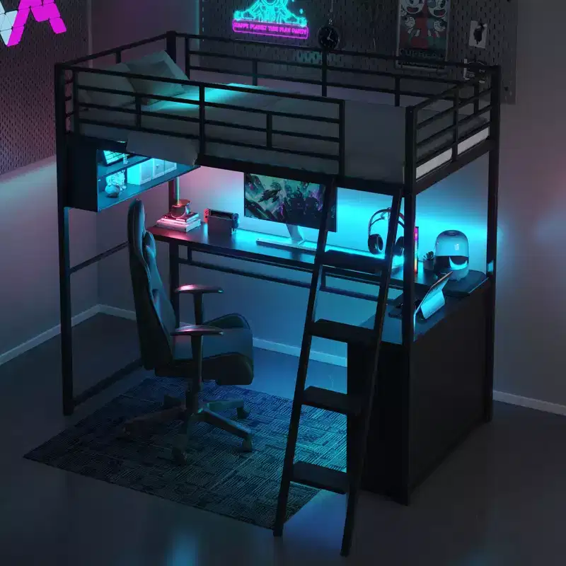 Twin/Full Size Metal Loft Bed with LED Light, Desk and 4 Storage Shelves, Black - ModernLuxe