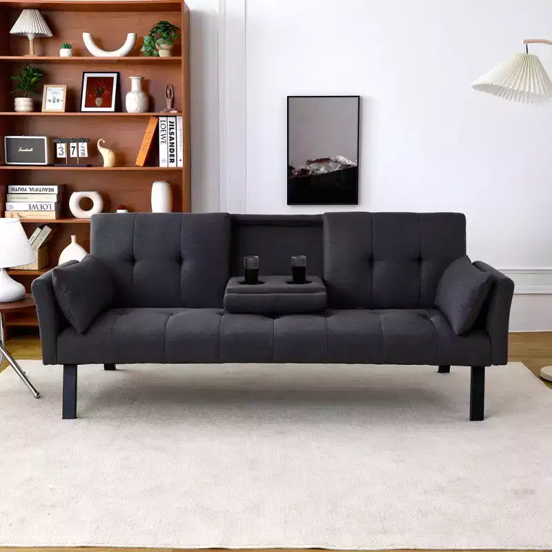 MAYEERTY 70 Inch Multifunctional Cotton Sofa Bed with Cup Holder Side Storage for Living Room Bedroom Black