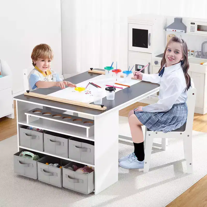Kids Art Table and 2 Chairs,Toddler Craft and Play Wood Storage Desk with Storage Bins, Drawing Desk, Kids Activity and Study Table, Activity,Crafts