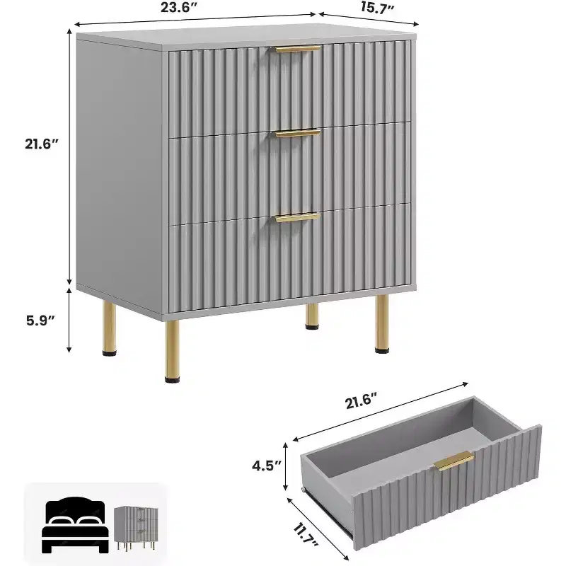 3 Drawer Dresser, Modern Fluted Nightstand with Deep Drawers & Gold Legs, Small Side Table Organizer for Bedroom or Living Room