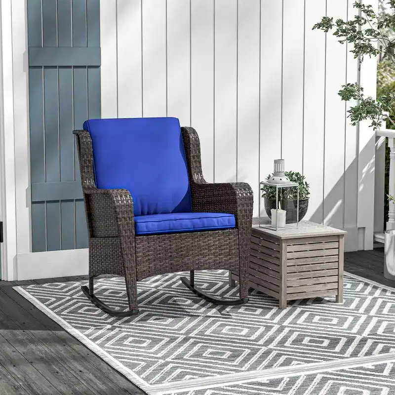 Outdoor Wicker Rocking Chair, Rattan Rocker with Cushions, Steel Frame for Patio, Garden