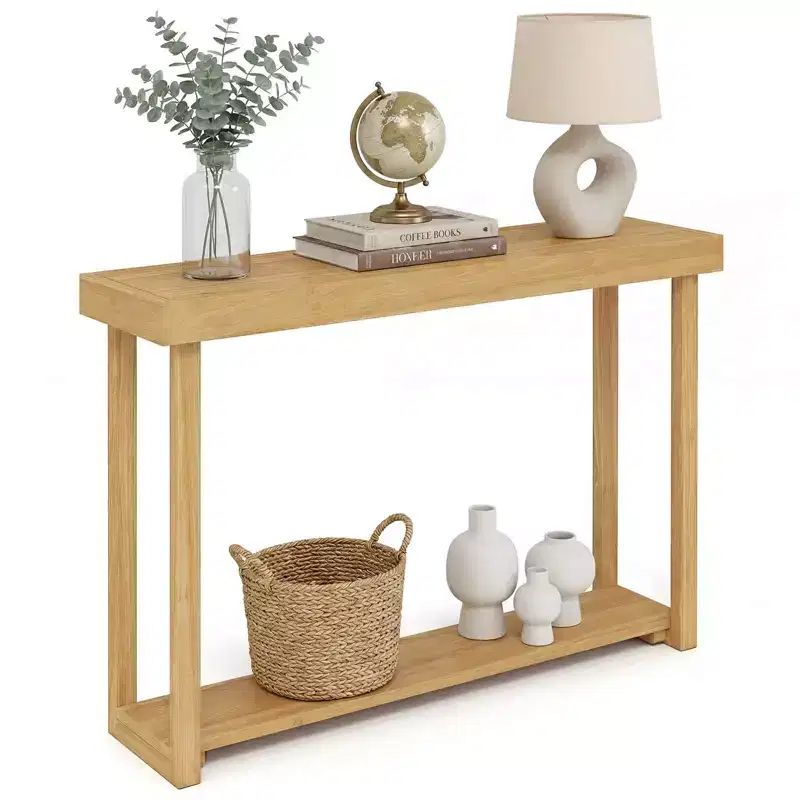 Costway 47Solid Wood Console Table,2-Tier Narrow Farmhouse Sofa Table with Teak Wood Frame Natural-47/46/57/71