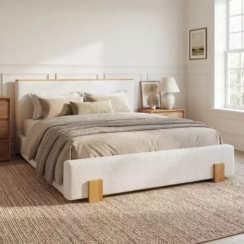 Modern Minimalist Boucle Upholstered Platform Bed with Headboard