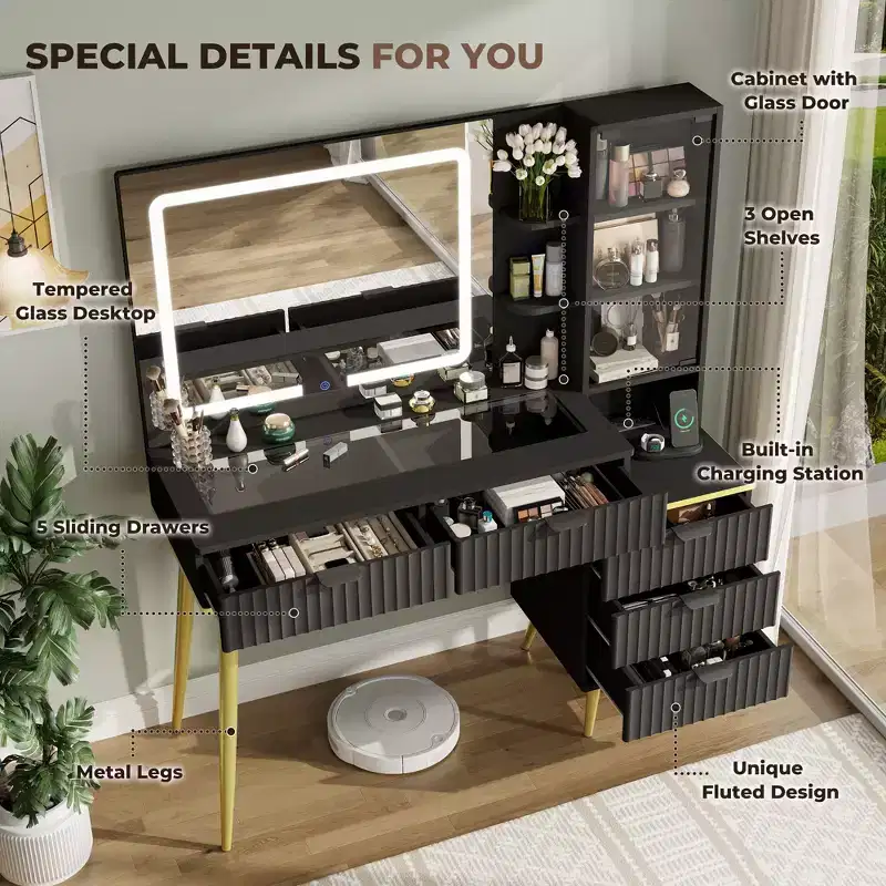 48 Makeup Vanity Desk with Glass Top, Large Vanity Desk with 3 Lighting Modes Mirror & 5 Drawers,Black