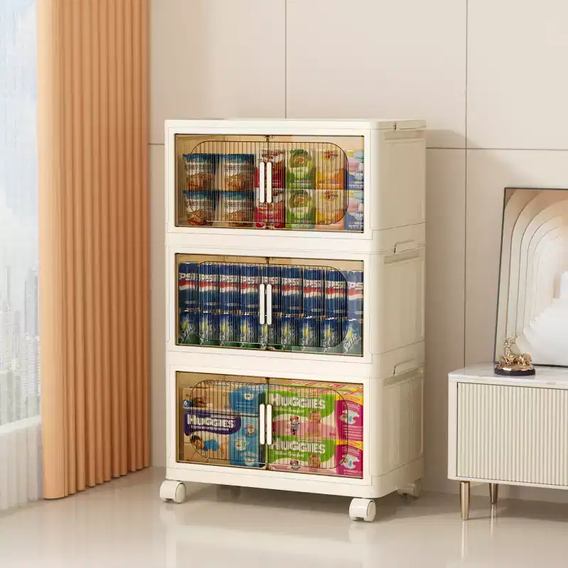 3 Tier Plastic Folding Storage Cabinet with Magnetic Door and Wheels - White