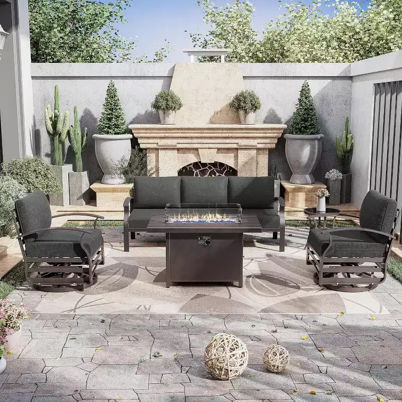 ALAULM Aluminum Patio Furniture Set, Modern Metal Outdoor Conversation Sets w/45Propane Fire Pit Table, Swivel Rocking Chairs