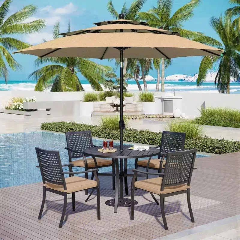 Captiva Designs 6pc Outdoor Slat-top Round Metal Dining Table & Cushioned Metal Chairs & Market Umbrella
