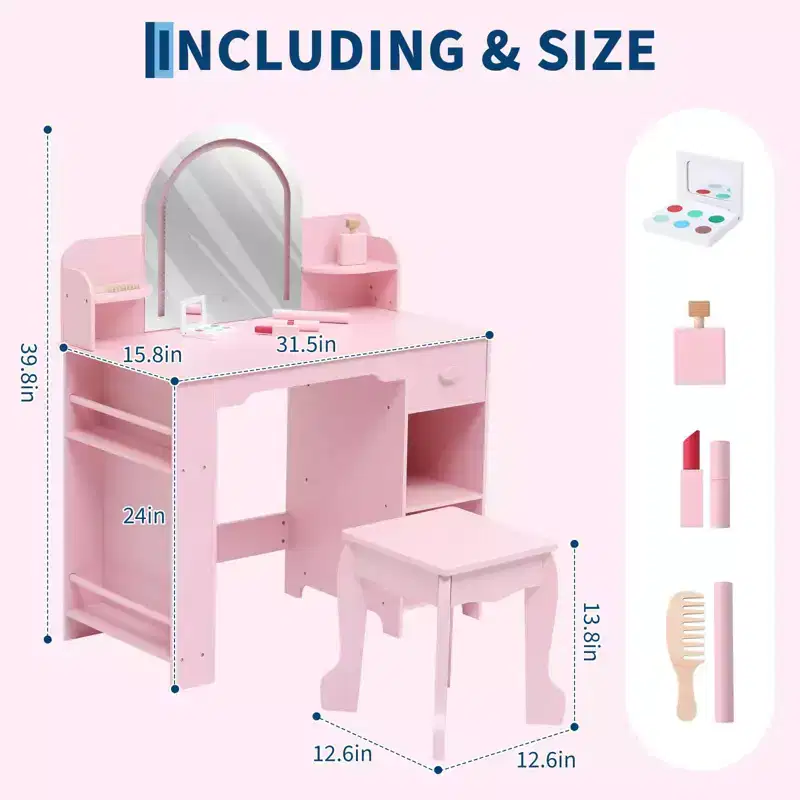 Kids Vanity Desk with Mirror, Makeup Vanity Table with Stool, Bookshelf, Drawer & Shelves, Wood Princess Dressing Table for Girls Bedroom,Playroom