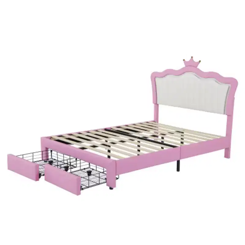 Modern Princess Bed with Crown Headboard, Single-Sized Upholstered Frame Including LED Lights