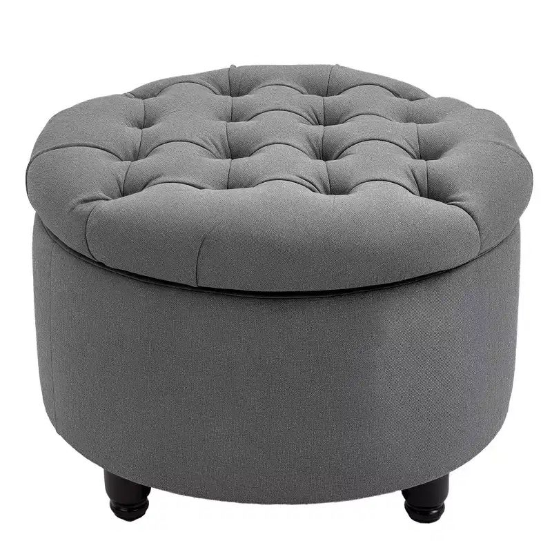 Round Linen-touch Fabric Storage Footstool Ottoman Button Tufted Footrest with Removable Lid