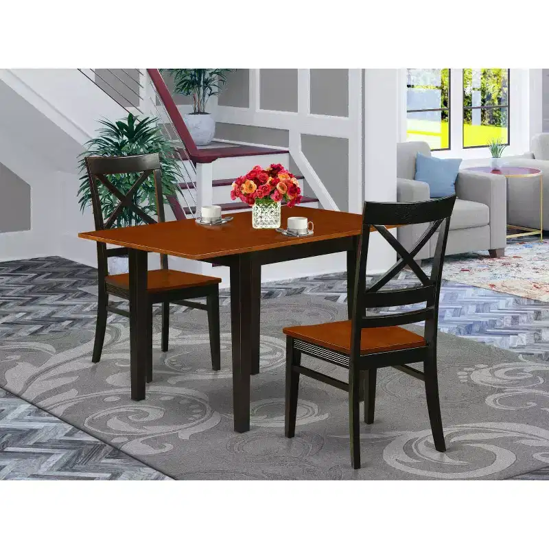 HomeStock 3-Pc Black and Cherry Finish Rectangular Solid Wood Top Dining Table Set