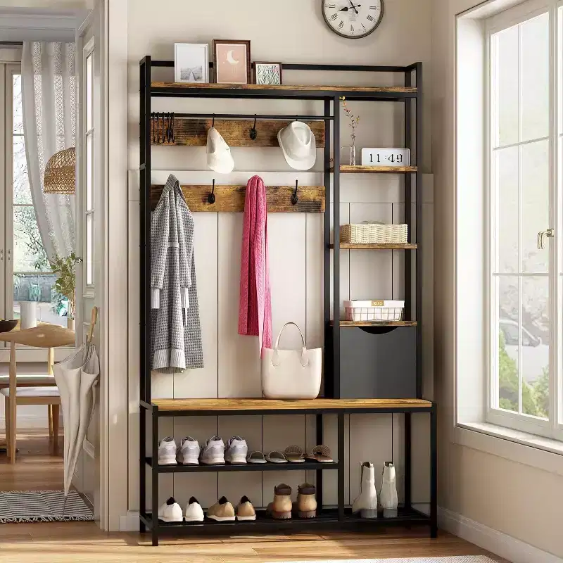 5-in-1 Hall Tree with Bench, Shoe Storage, Coat Rack, Fabric Drawer and 12 Hooks