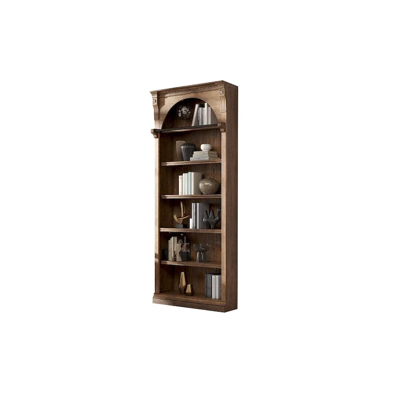 8-Foot Tall Wood Bookcase – Brown, Wood Finish, Gothic Arch Detail, Ladder Rail, Traditional Style