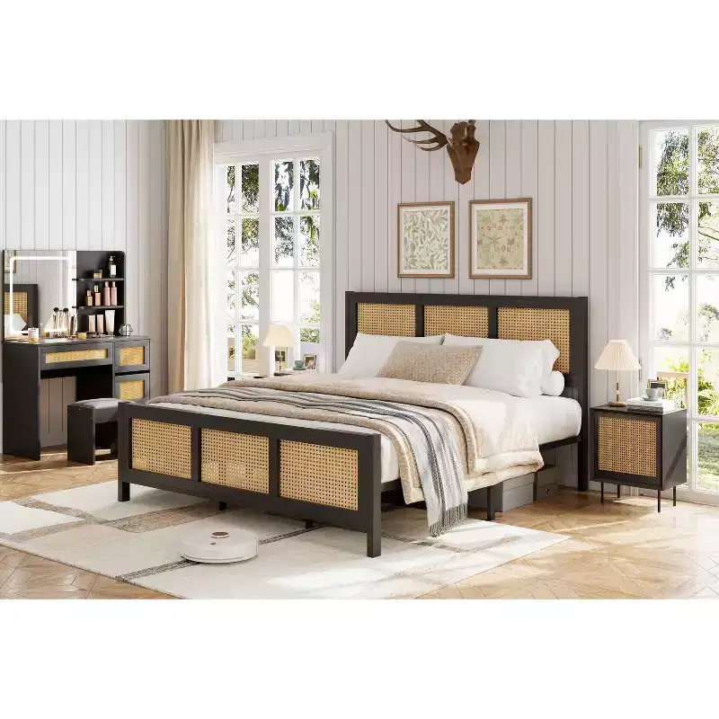 Black Boho Cane Full Size Rattan Bed Frame with Headboard, Strong Metal Slat, Noise Free, No Box Spring Needed