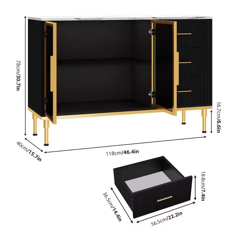 COZONY 46.4 Faux Marble Top Kitchen Cabinet with Glass Doors, Buffet Sideboard with Storage, Drawers & Adjustable Shelves for Dining Room