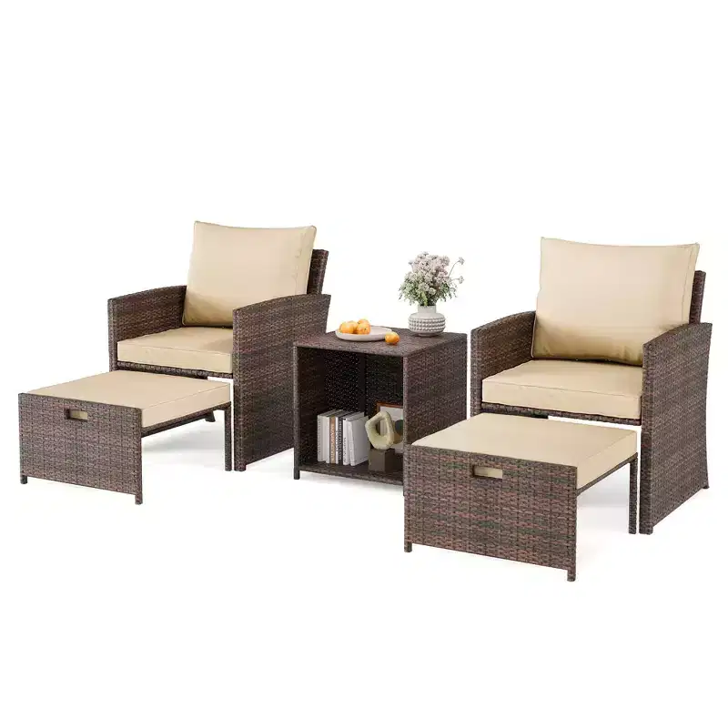 5-Piece High Back Patio Conversation Set with 2 Ottomans and Table, All-Weather PE Rattan Lounge Chairs with Soft Cushions, Perfect for Balcony, Porch