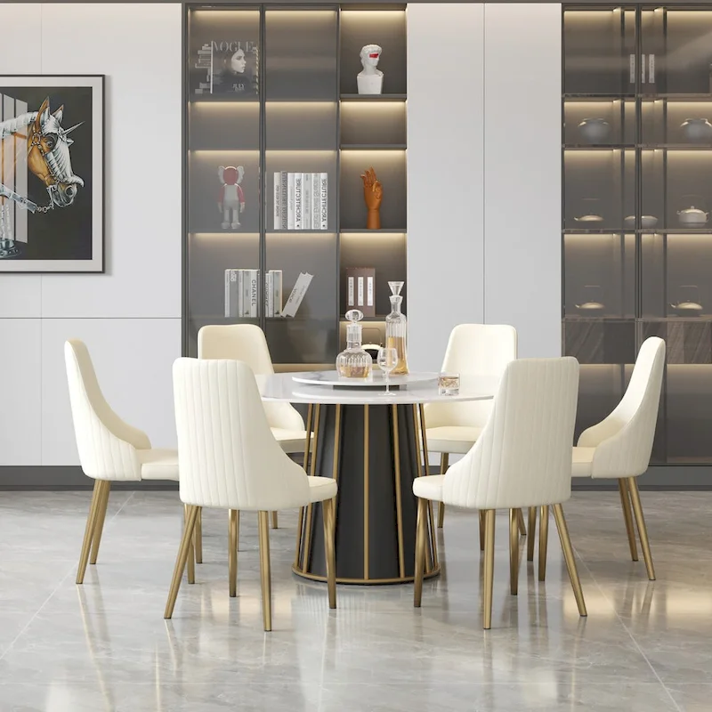 53 White Sintered Stone Round Dining Table with Lazy Susan - N/A