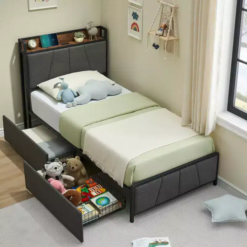 Bed Frame with 2 Storage Drawers, Linen Upholstered Platform Bed Frame with Storage Headboard and Charging Station, Heavy Duty, Gray