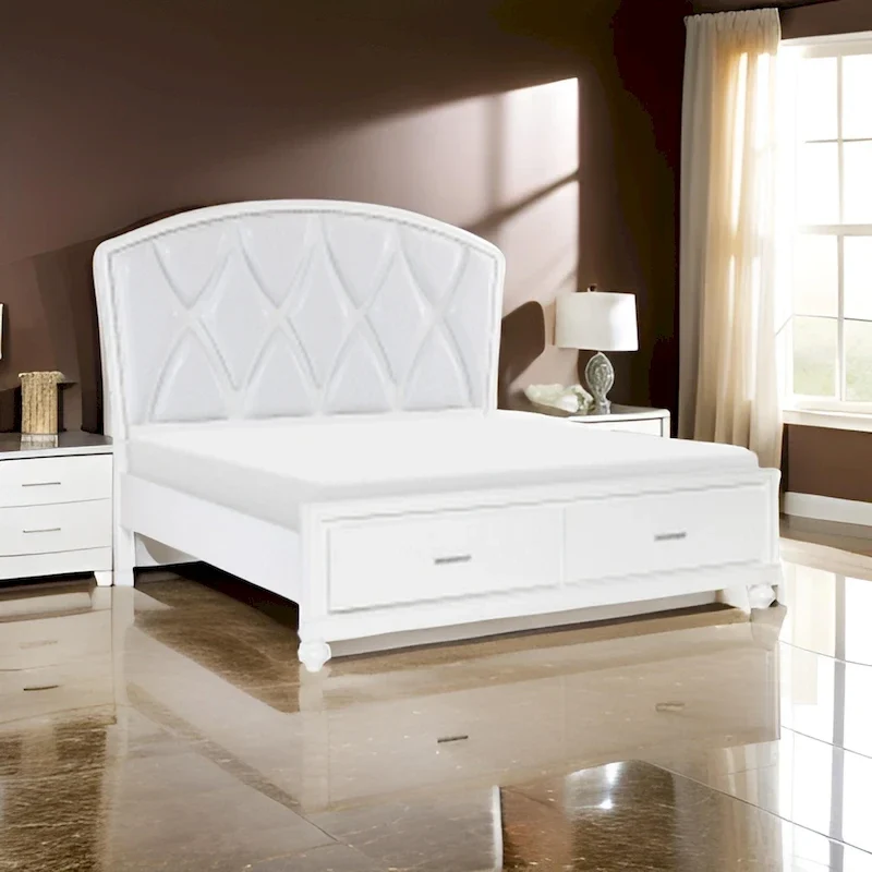 Queen Platform Bed with LED Accents, Silver Faux Leather Upholstery, White